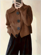Women's Autumn Cardigan with Large Lapels and Relaxed Cut - Brown