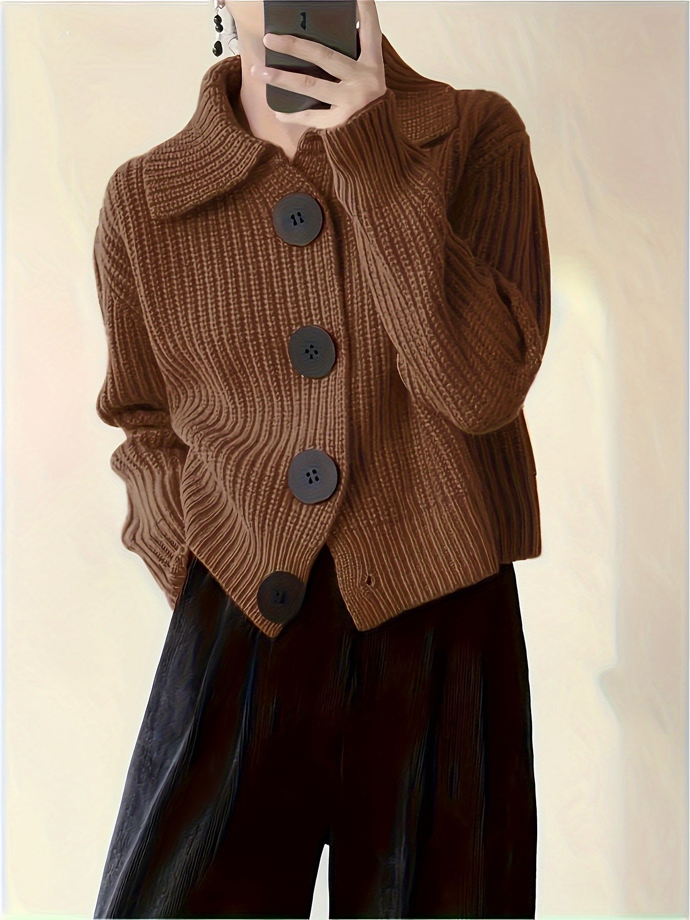 Women's Autumn Cardigan with Large Lapels and Relaxed Cut - Brown