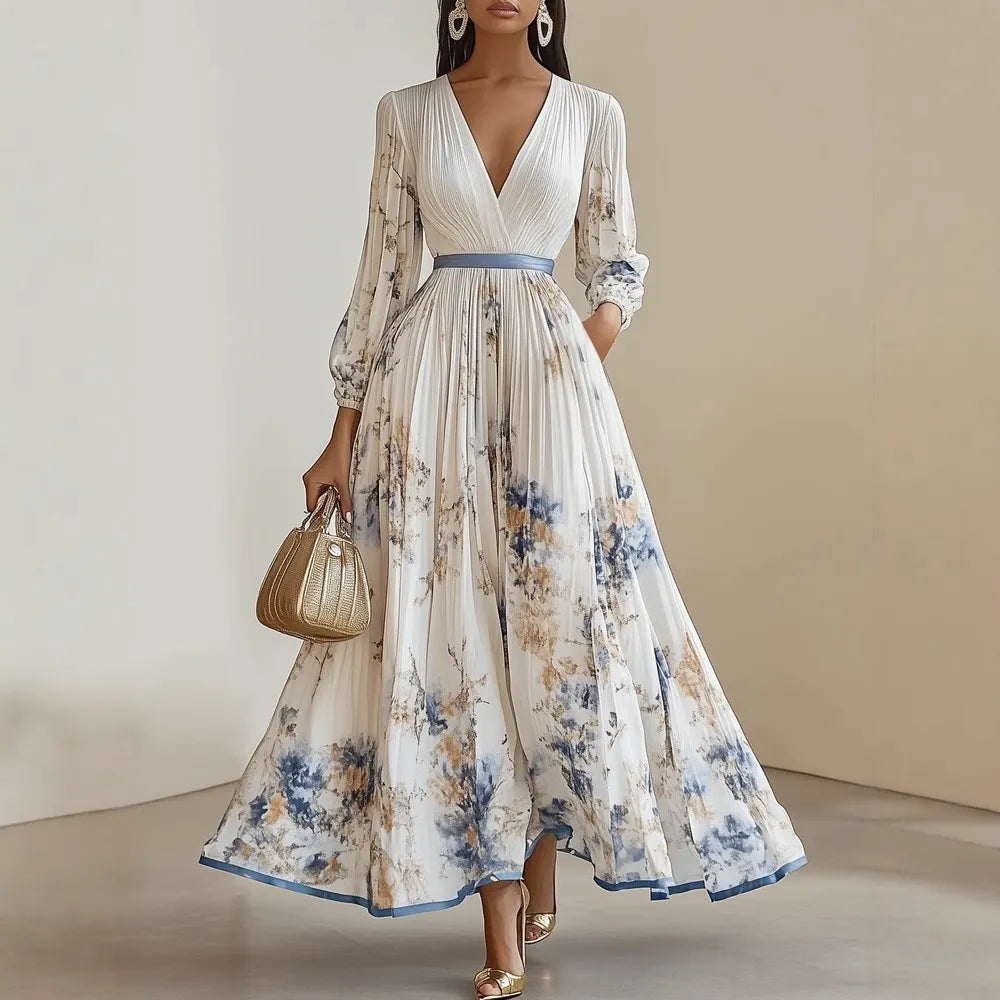 Women's V-Neck Long-Sleeve Pleated Floral Maxi Dress with Ribbon Tie Waist