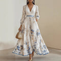 Women's V-Neck Long-Sleeve Pleated Floral Maxi Dress with Ribbon Tie Waist