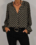 Women's Blouse with V-Neck, Long Sleeves, Button Detail and Geometric Pattern - Black