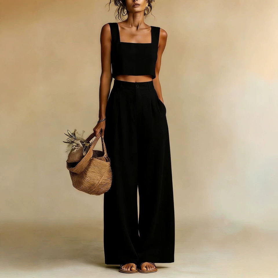 Damen-Set aus fließendem Oberteil und Palazzo-Hose mit weitem Bein
