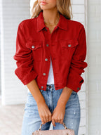 Denim Jacket in Relaxed Fit with Chest Pockets and Button Placket | Perfect for Autumn - Red