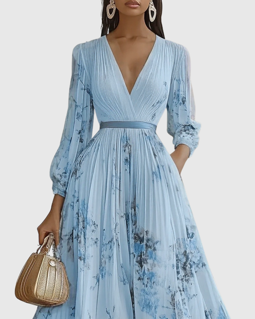 Women's V-Neck Long-Sleeve Pleated Floral Maxi Dress with Ribbon Tie Waist