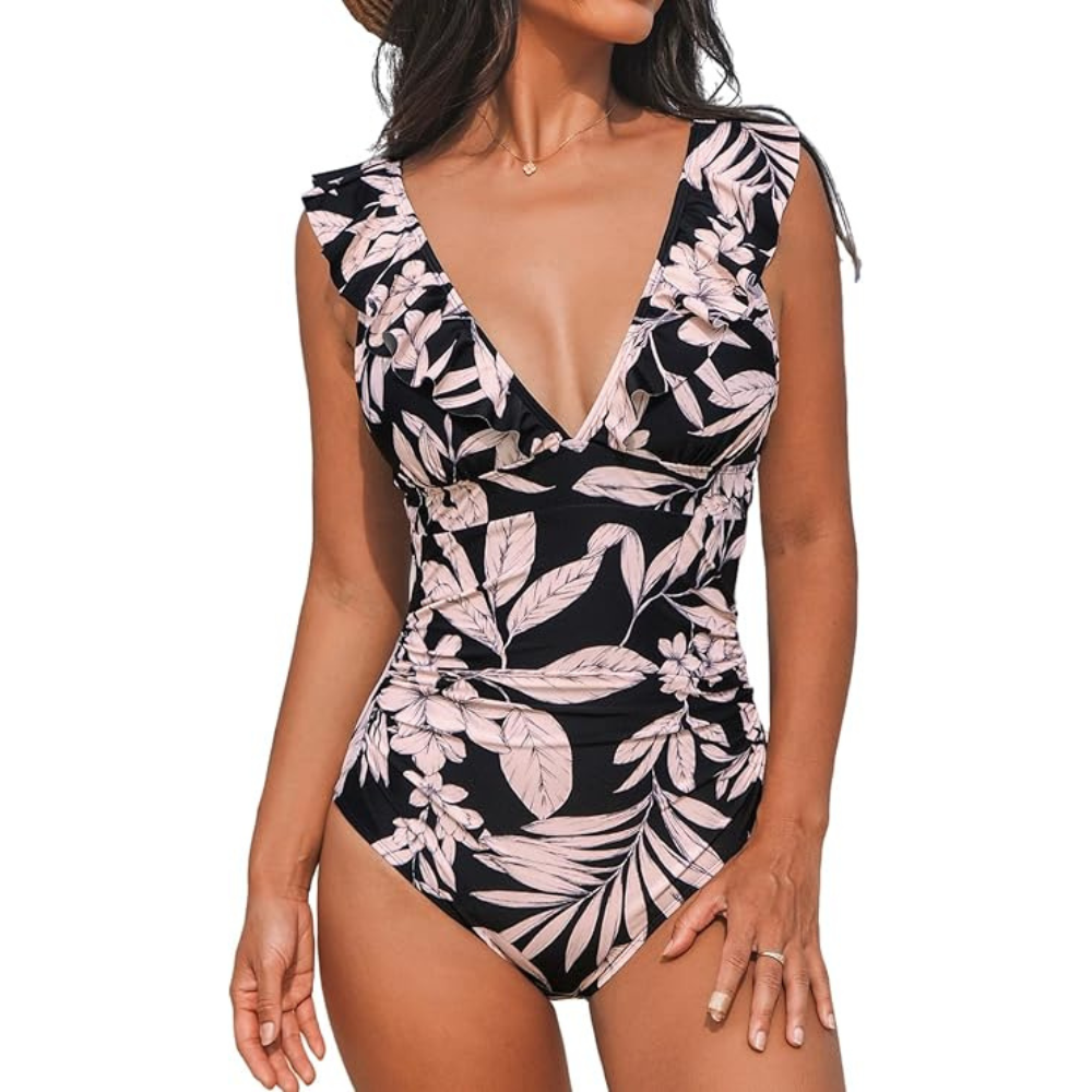 Ruffle V-Neck Swimsuit – Back Lacing for Women