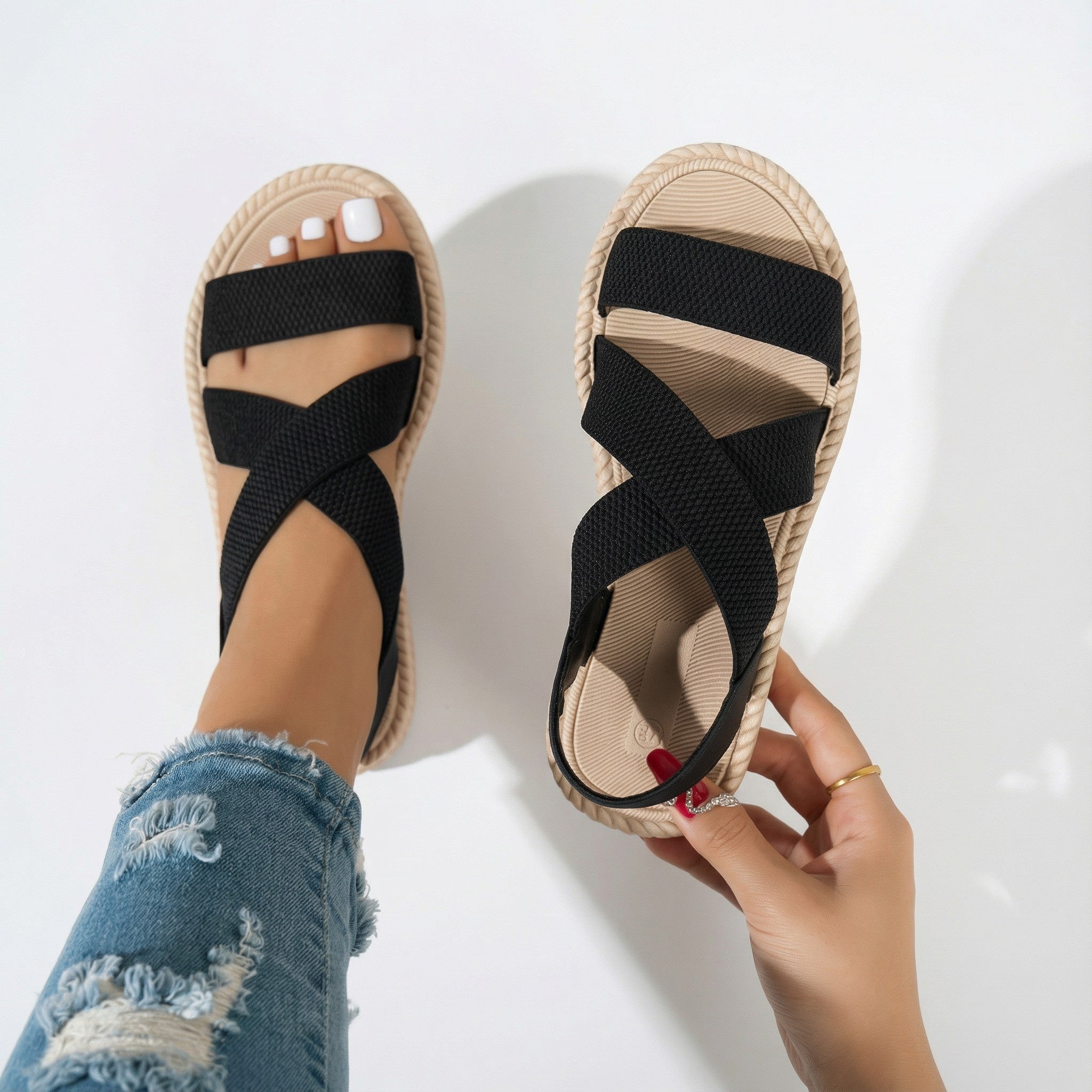 Women's Summer Sandals with Crossed Straps, Soft Sole, Lightweight Design - Black