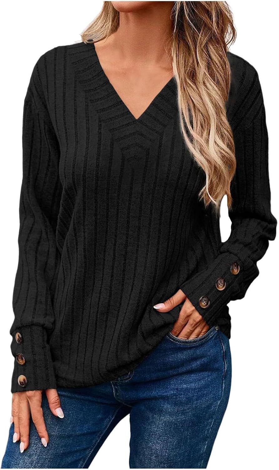 Damen Kuscheliger Herbst-Winter V-Ausschnitt Langarm-T-Shirt mit Knopfleiste