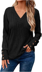 Damen Kuscheliger Herbst-Winter V-Ausschnitt Langarm-T-Shirt mit Knopfleiste