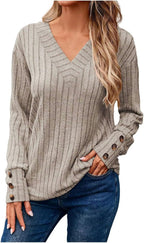 Damen Kuscheliger Herbst-Winter V-Ausschnitt Langarm-T-Shirt mit Knopfleiste
