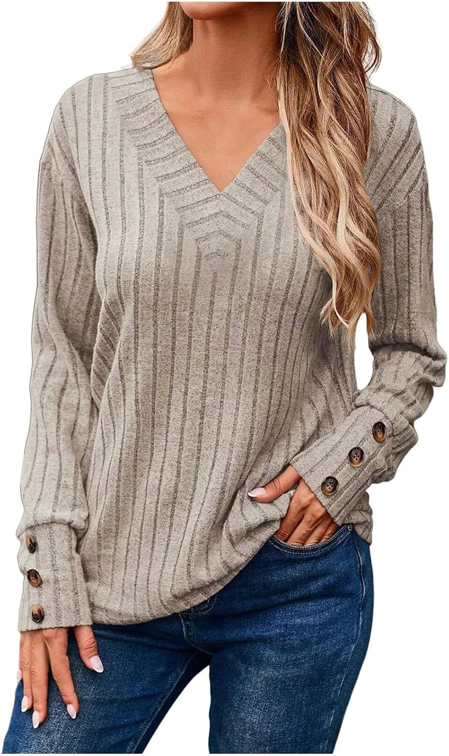 Damen Kuscheliger Herbst-Winter V-Ausschnitt Langarm-T-Shirt mit Knopfleiste