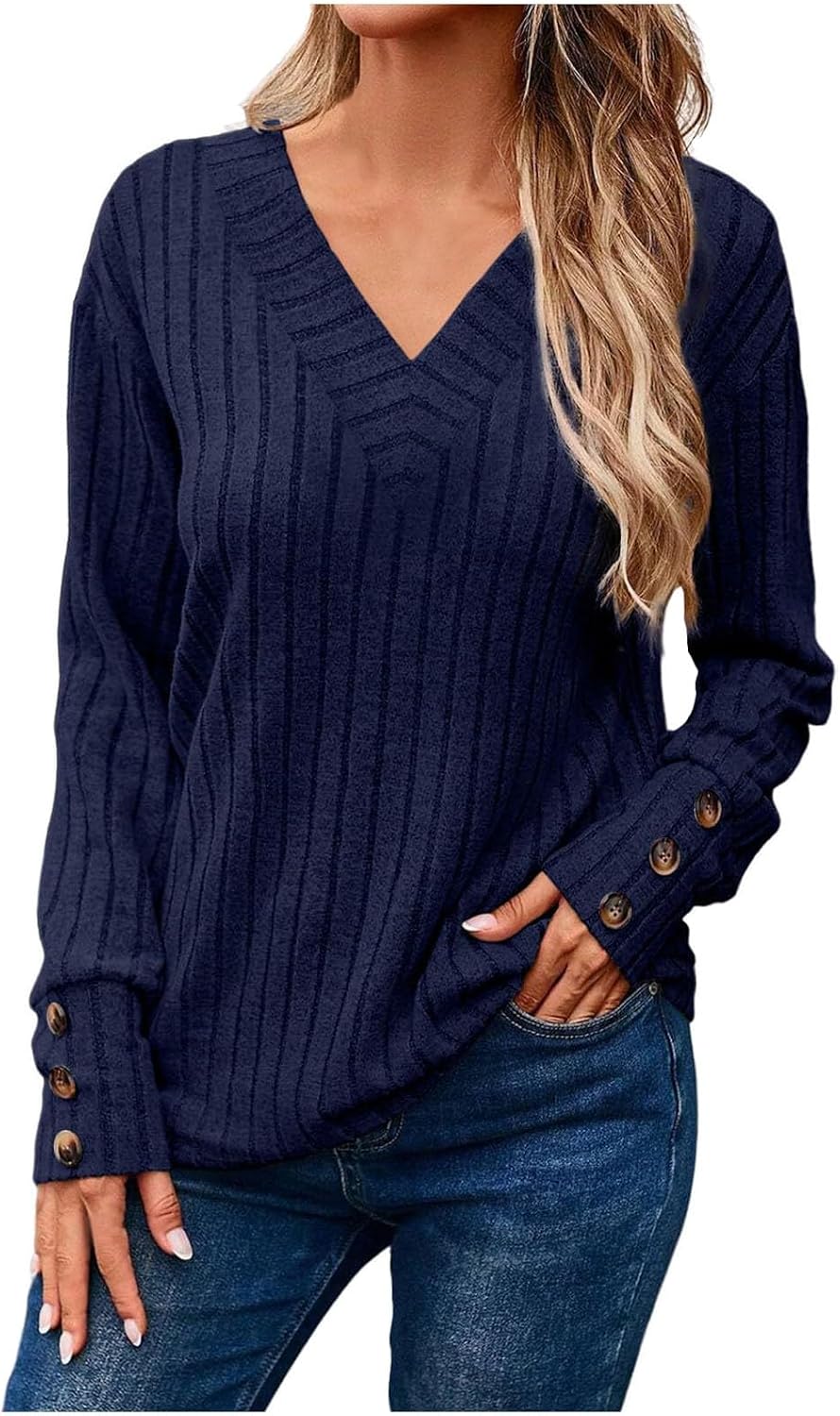Damen Kuscheliger Herbst-Winter V-Ausschnitt Langarm-T-Shirt mit Knopfleiste