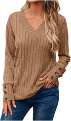 Damen Kuscheliger Herbst-Winter V-Ausschnitt Langarm-T-Shirt mit Knopfleiste