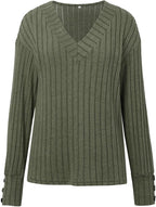 Damen Kuscheliger Herbst-Winter V-Ausschnitt Langarm-T-Shirt mit Knopfleiste