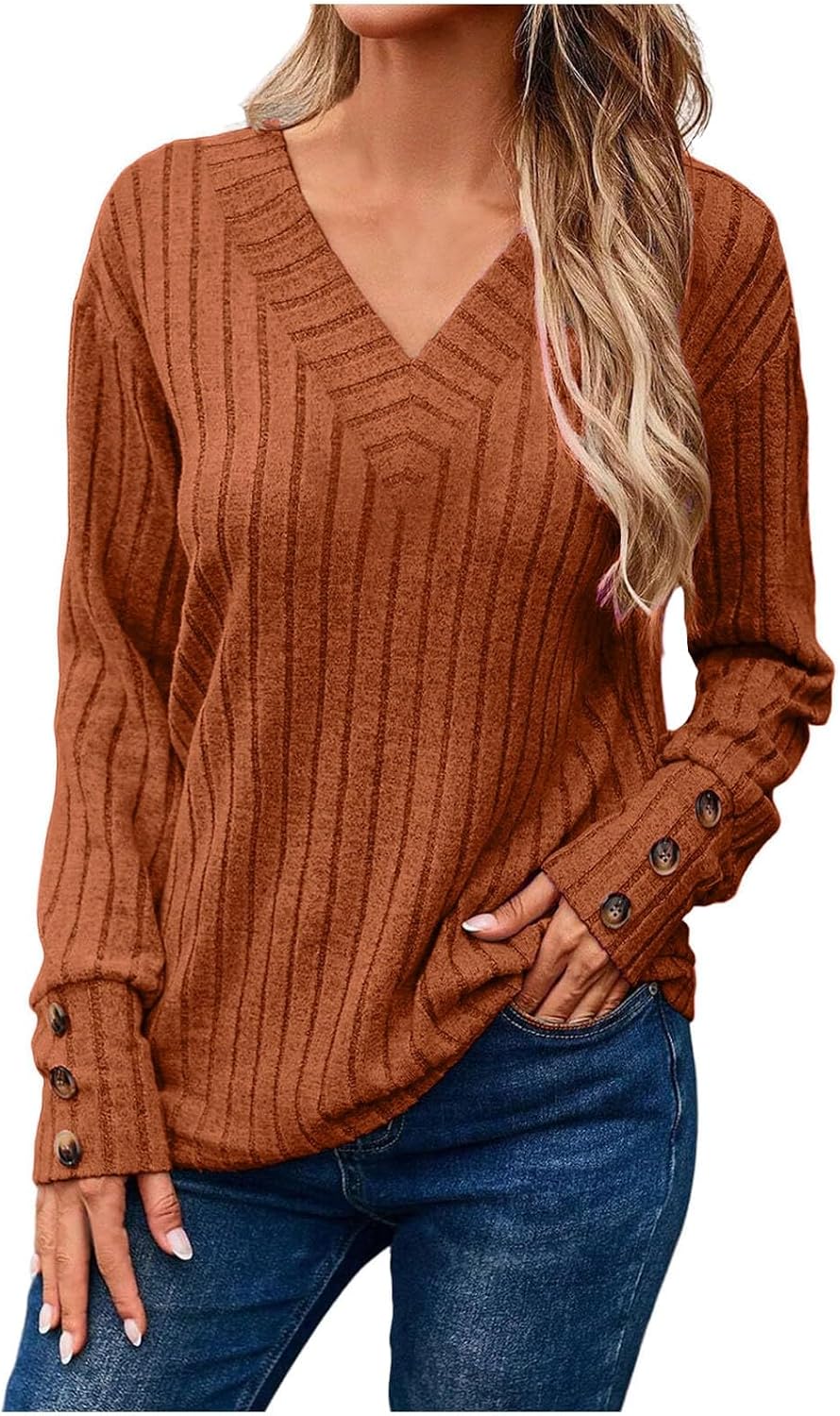 Damen Kuscheliger Herbst-Winter V-Ausschnitt Langarm-T-Shirt mit Knopfleiste