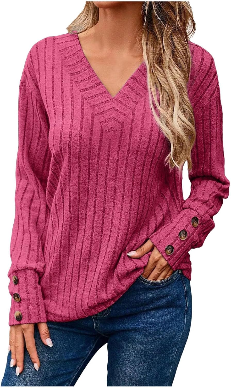Damen Kuscheliger Herbst-Winter V-Ausschnitt Langarm-T-Shirt mit Knopfleiste