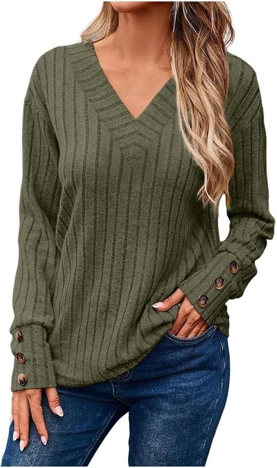 Damen Kuscheliger Herbst-Winter V-Ausschnitt Langarm-T-Shirt mit Knopfleiste