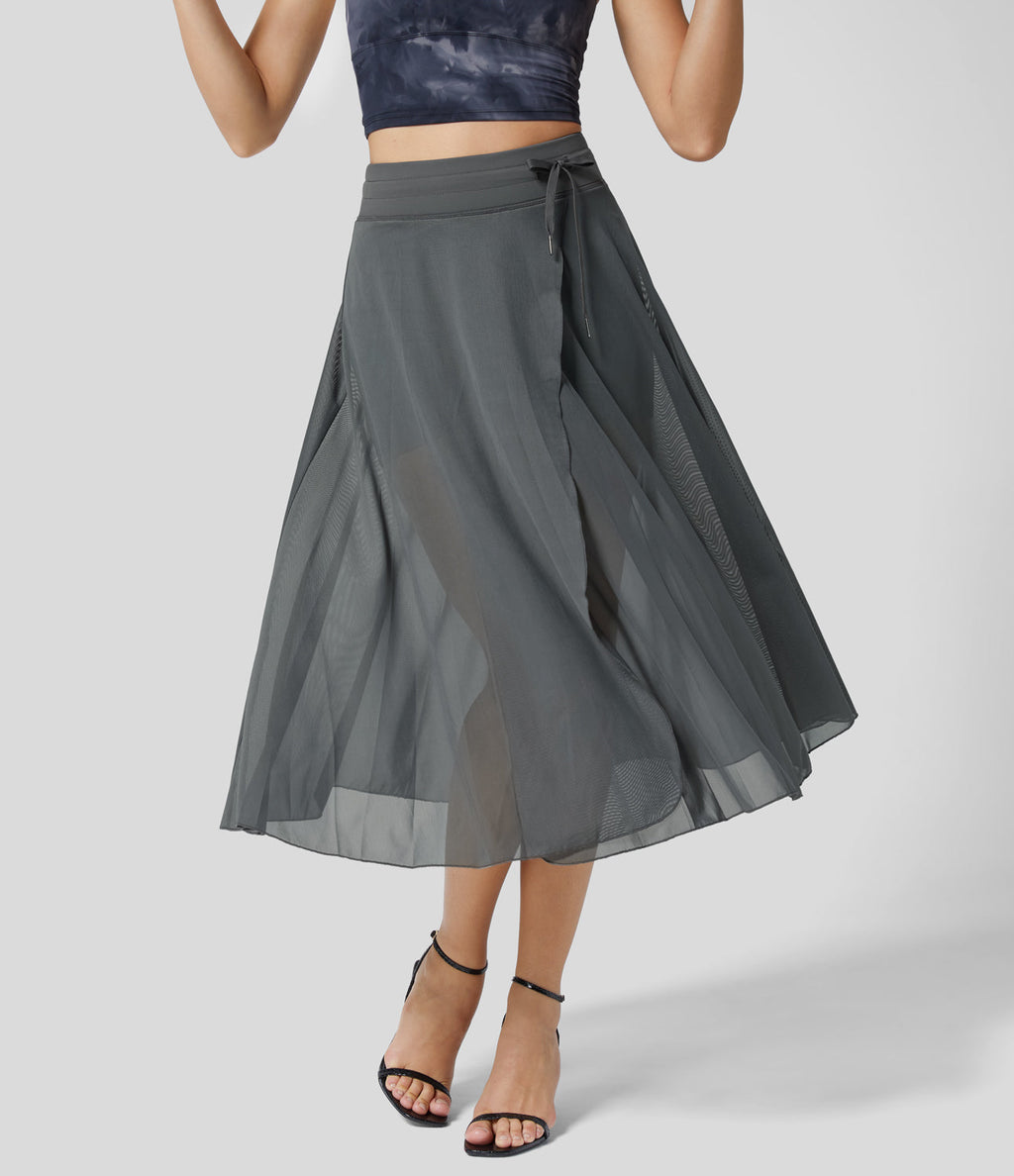 Livan - High-Waisted 2-in-1 Flowing Summer Midi Skirt - Gray