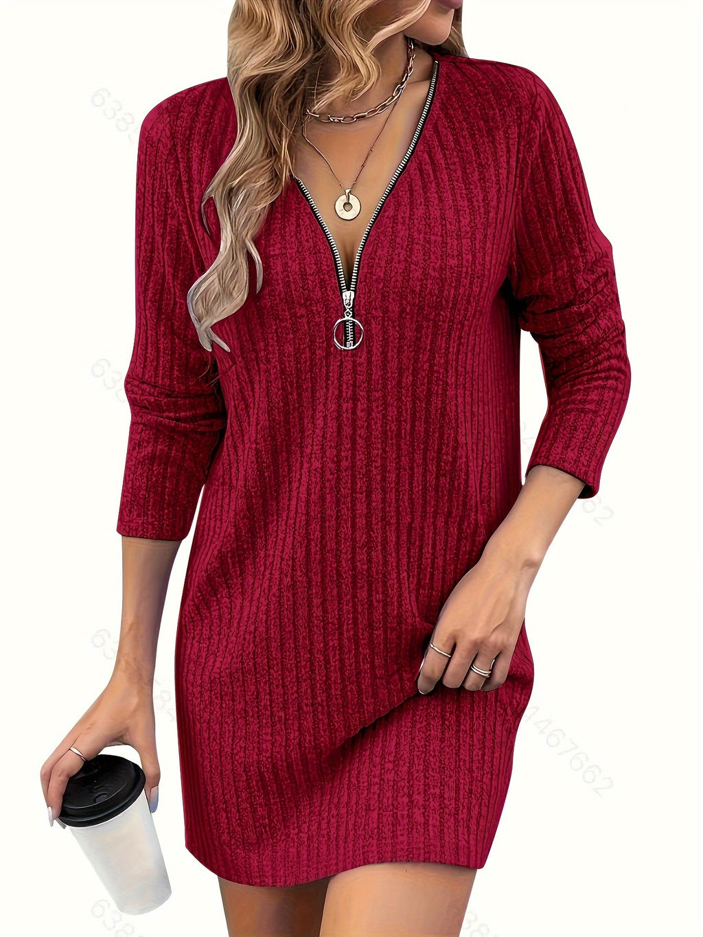 Solid Color Ribbed Dress, Women's Long Sleeve Casual Midi Knit Dress