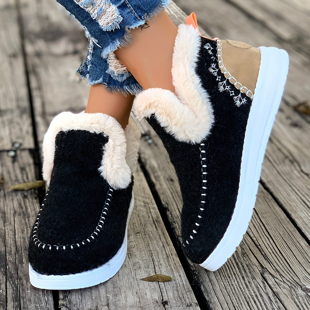 Damen-Winterstiefeletten aus Fleece, warme Schneestiefel mit rutschfester Sohle