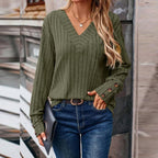 Damen Kuscheliger Herbst-Winter V-Ausschnitt Langarm-T-Shirt mit Knopfleiste