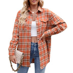 Relaxed-Fit Plaid Shirt with Pockets for Autumn - Orange