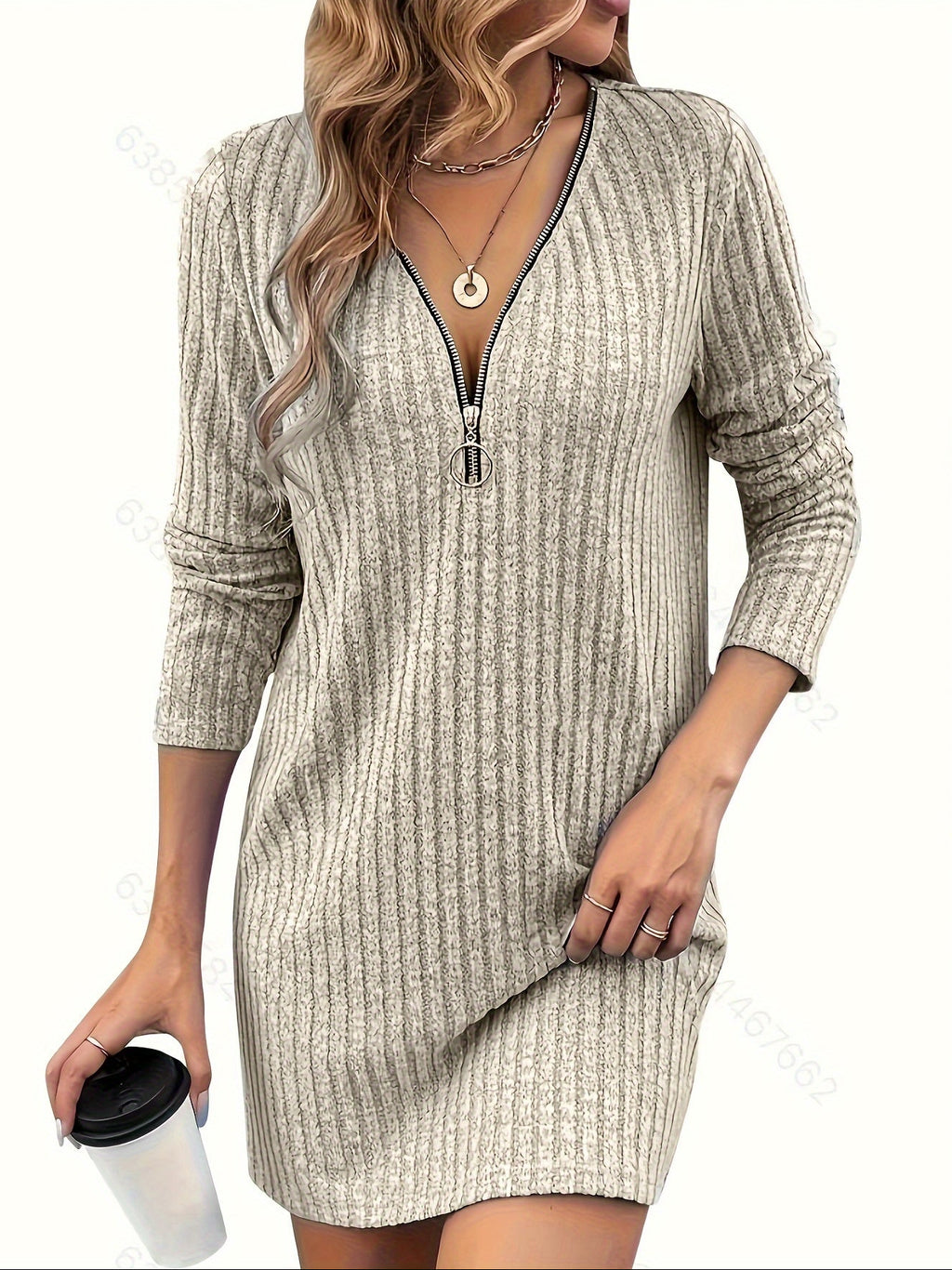 Einfarbiges geripptes Kleid, langärmeliges figurbetontes Strickkleid