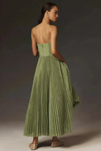 Women's Elegant Pleated Fit Strappy Midi Dress