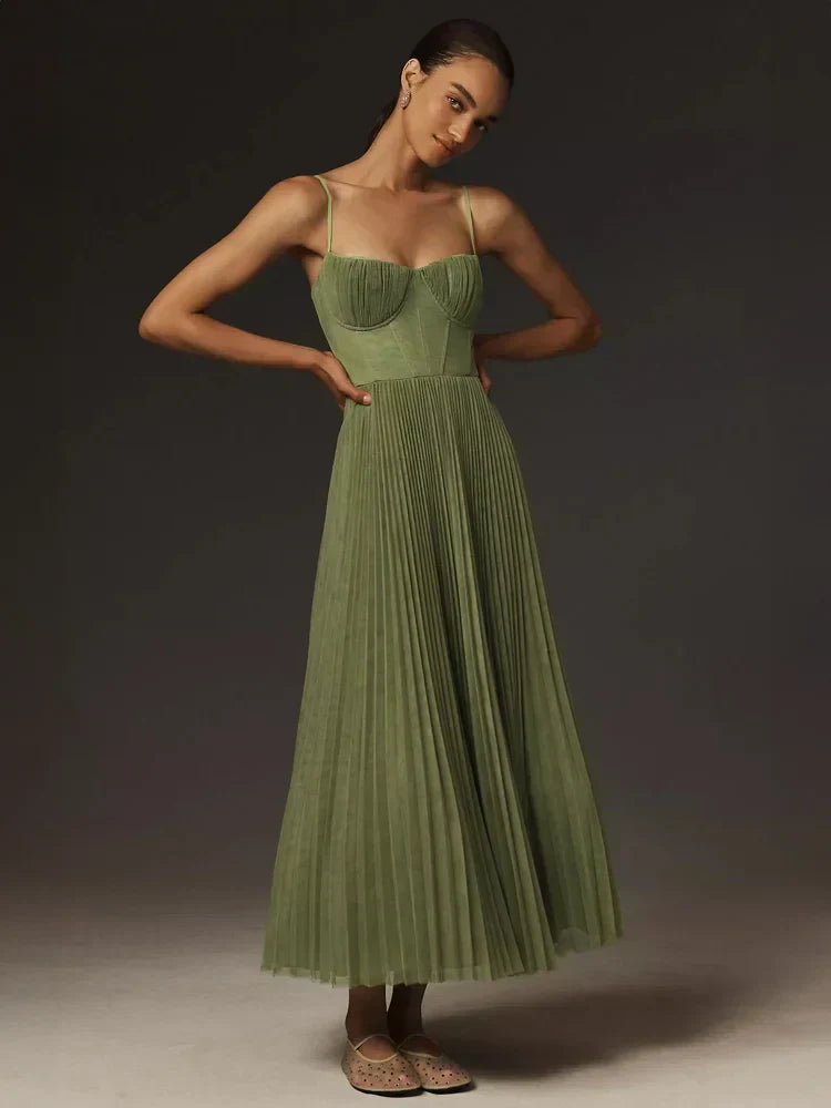 Midi Dress with Pleated Tulle Bustier | Perfect for Autumn - Green