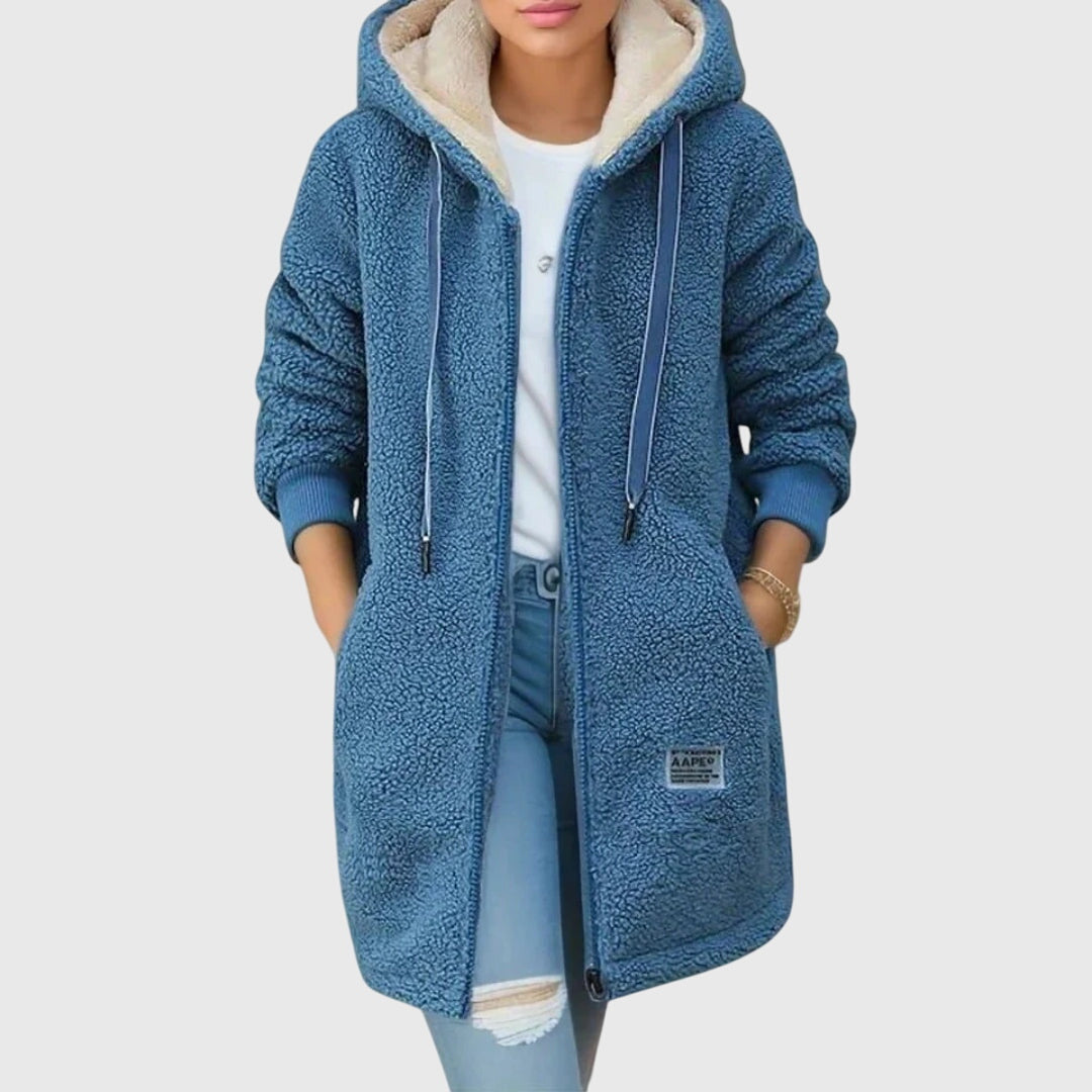 Women's Winter Fleece Jacket with Hood and Front Zipper - Blue
