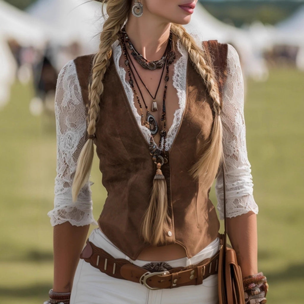 Women's Lace V-Neck Vest with Snap Buttons