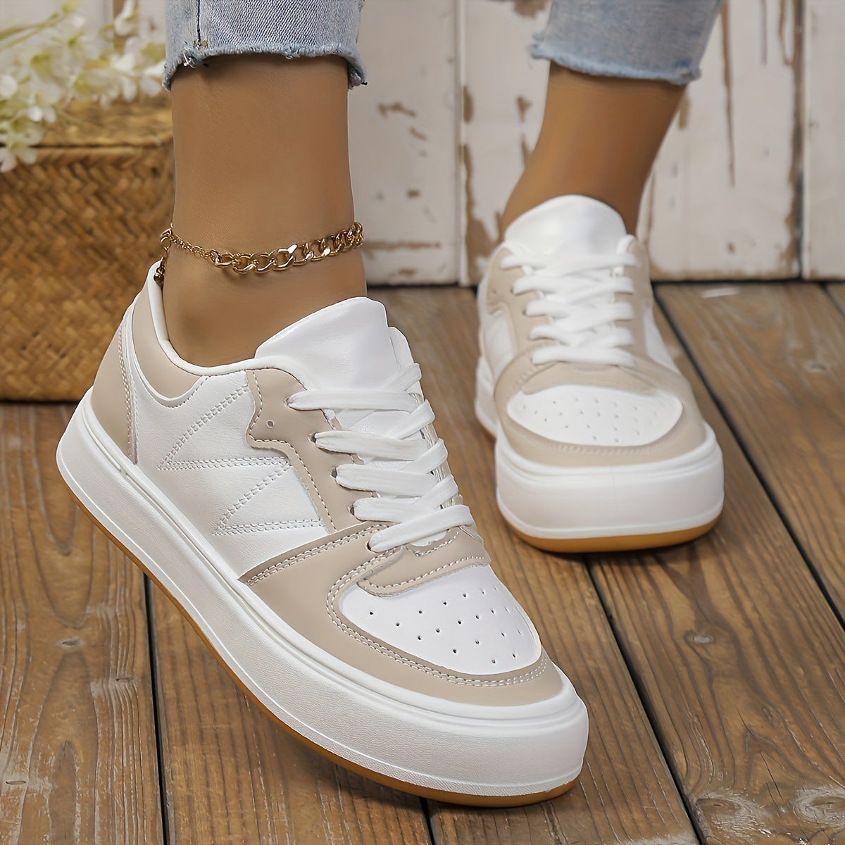 Round-Toe Color-Block Shoes with Breathable PU Upper & Non-Slip Rubber Sole | Perfect for Autumn - White