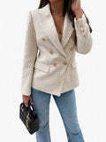 Women's Elegant Textured Tweed Fitted Blazer Jacket with Gold Buttons