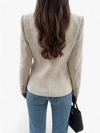 Women's Elegant Textured Tweed Fitted Blazer Jacket with Gold Buttons