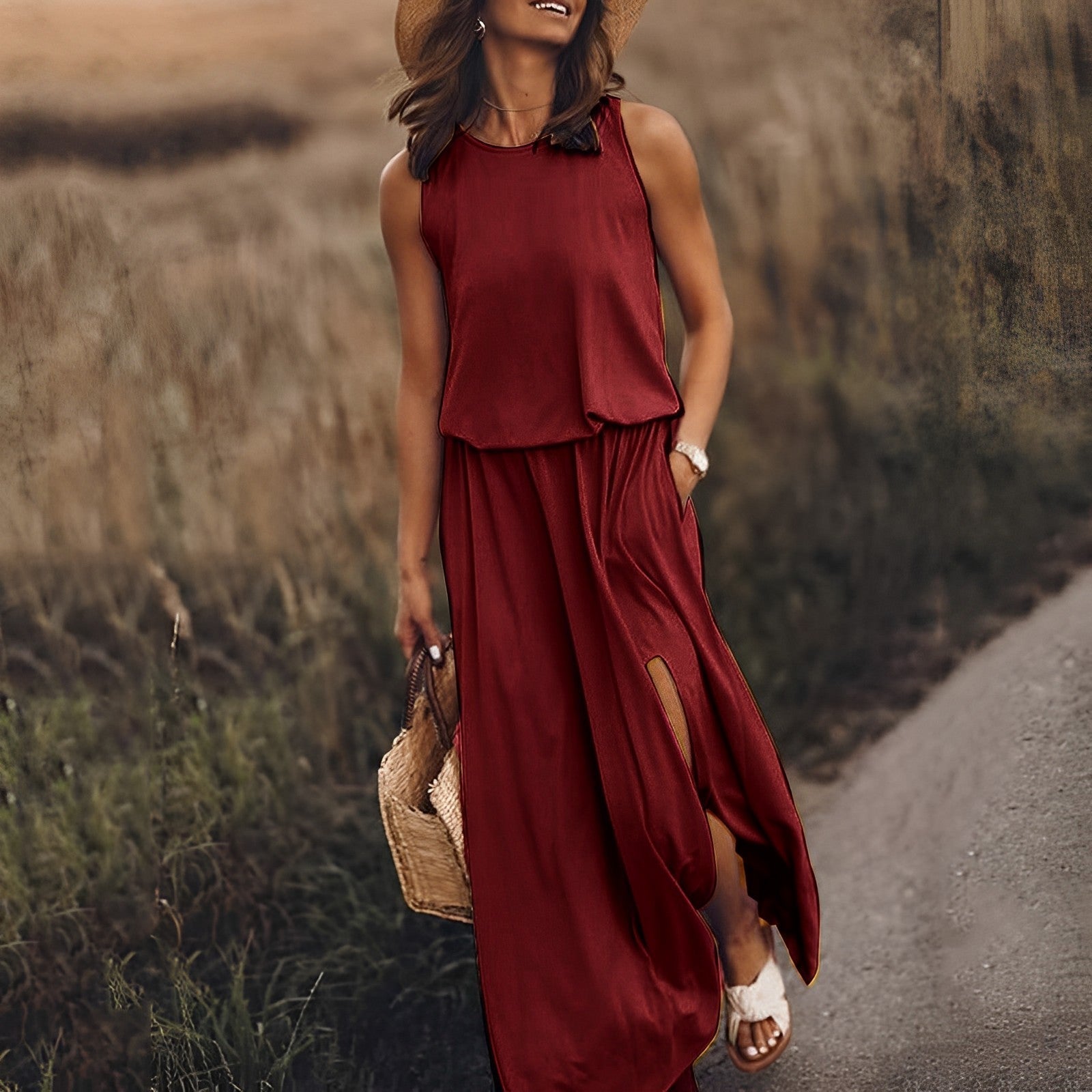 Women's Summer Maxi Dress, Sleeveless, Retro Pattern, Flowing Cut - Burgundy