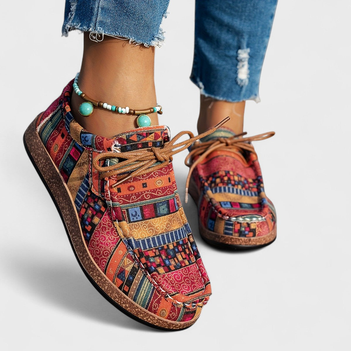 Women's Sneakers with Arch Support and Wide Sole in Multicolor Design - Red