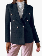 Women's Elegant Textured Tweed Fitted Blazer Jacket with Gold Buttons