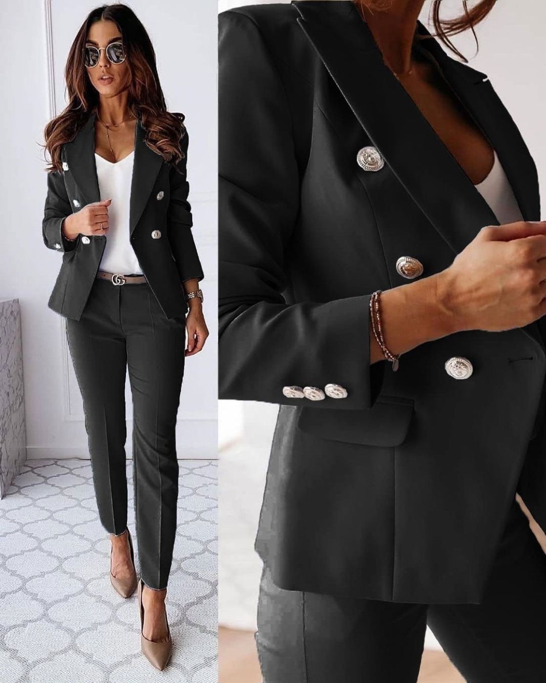 Women's Two-Piece Autumn Suit with Double-Breasted Blazer and Straight-Cut Trousers - Black
