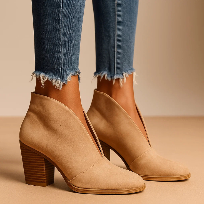 Women's Ankle Boots with V-Cut Silhouette, Block Heel and Slip-On Design - Khaki