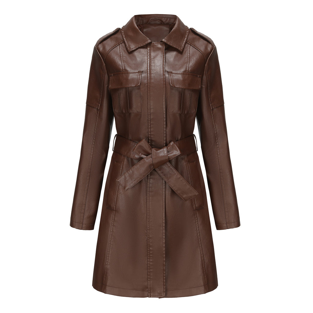 Elegant long leather Women's coat with belt and lapels