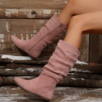Women's Autumn Boots, Mid-Calf, Suede-Look, Side Zipper, Flat Heel, Round Toe - Pink