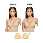 Before and after comparison of a woman wearing a beige tank top with additional silicone pads.
