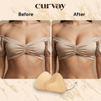 Before and after comparison of a woman wearing a beige top with Curvay breast pads.