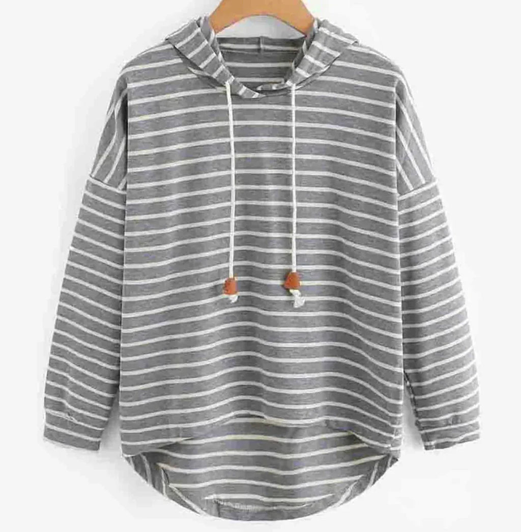 Women's Autumn Hoodie with Stripe Pattern, Kangaroo Pocket and Adjustable Hood - Gray