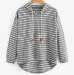Women's Autumn Hoodie with Stripe Pattern, Kangaroo Pocket and Adjustable Hood - Gray