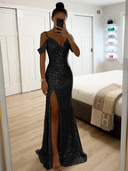 Women's Spring Maxi Dress, Sleeveless with V-Neck, Sequin Detail and Side Slit - Black