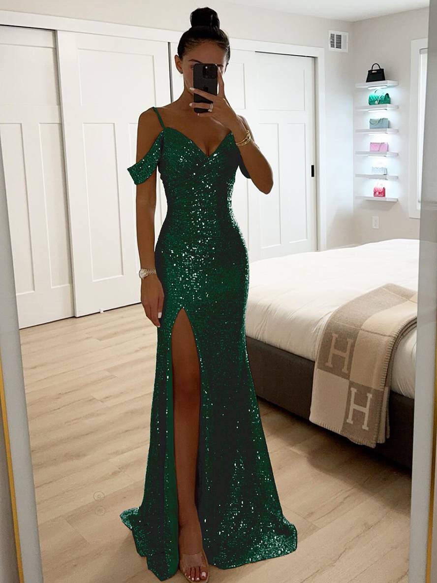 Women's Spring Maxi Dress, Sleeveless with V-Neck, Sequin Detail and Side Slit - Green