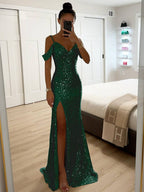 Women's Spring Maxi Dress, Sleeveless with V-Neck, Sequin Detail and Side Slit - Green