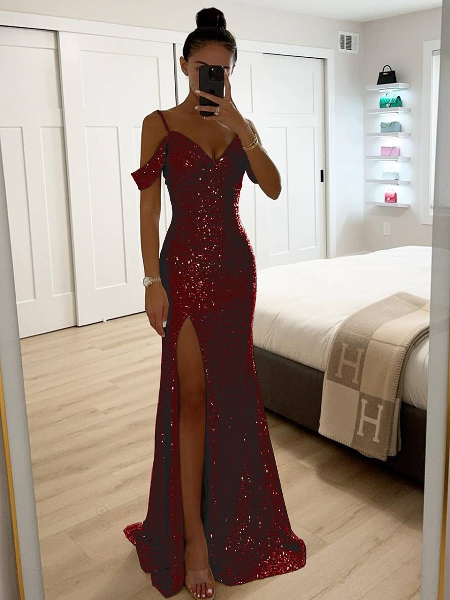 Women's Spring Maxi Dress, Sleeveless with V-Neck, Sequin Detail and Side Slit - Bordeaux