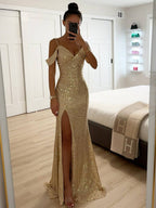 Women's Spring Maxi Dress, Sleeveless with V-Neck, Sequin Detail and Side Slit - Champagne