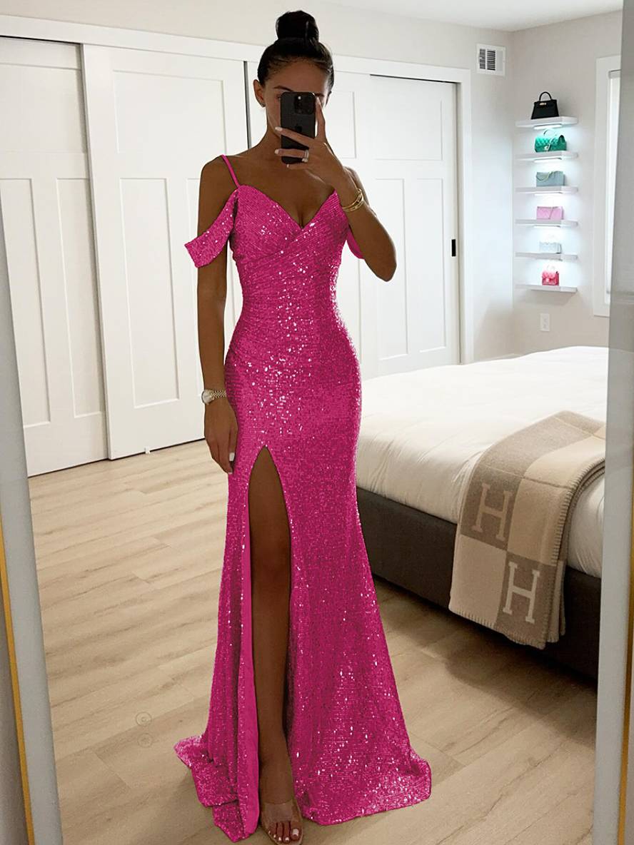 Women's Spring Maxi Dress, Sleeveless with V-Neck, Sequin Detail and Side Slit - Raspberry Pink